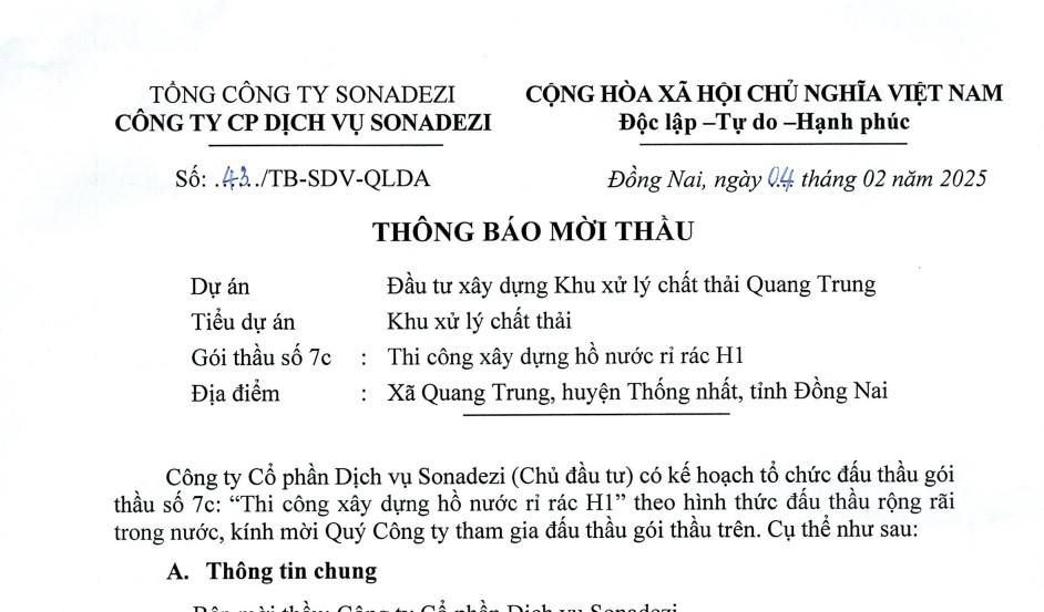 THÔNG BÁO MỜI THẦU