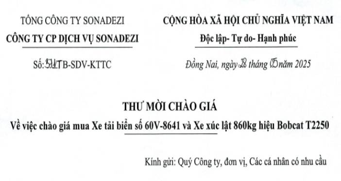 THƯ MỜI CHÀO GIÁ (số: 371/TB-SDV-KTTC ngày 28/05/2025)