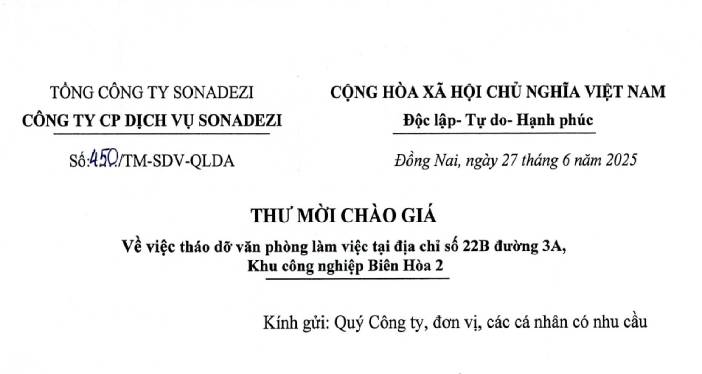 THƯ MỜI CHÀO GIÁ (số 450/TB-SDV-QLDA ngày 27/6/2025)