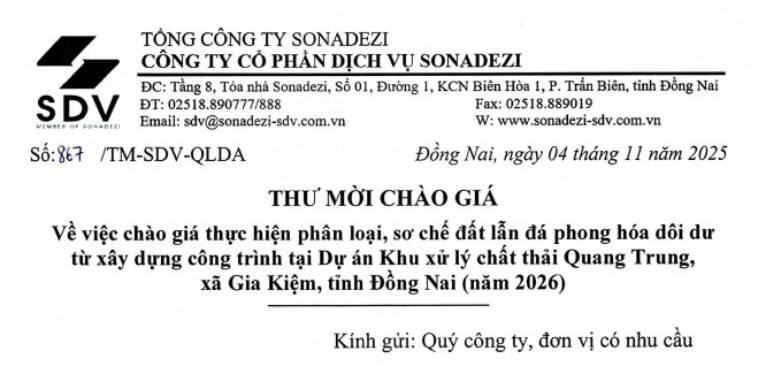 THƯ MỜI CHÀO GIÁ (số 867/TM-SDV-QLDA ngày 04/11/2025)