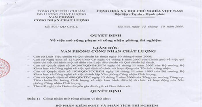 Quyết định mở rộng phạm vi công nhận Phòng thí nghiệm