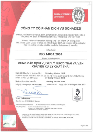 Công ty CP Dịch vụ Sonadezi đón nhận ISO 14001:2004 hình 1