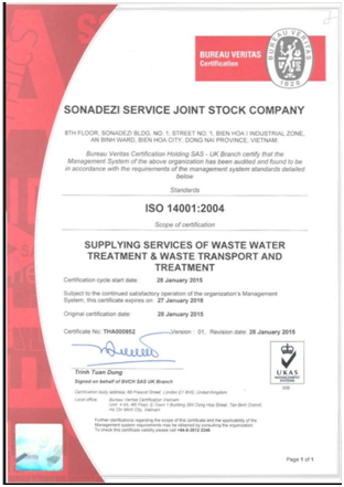 Công ty CP Dịch vụ Sonadezi đón nhận ISO 14001:2004 hình 2